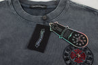 Dark gray short-sleeve T-shirt neckline with swing tag and front logo graphic