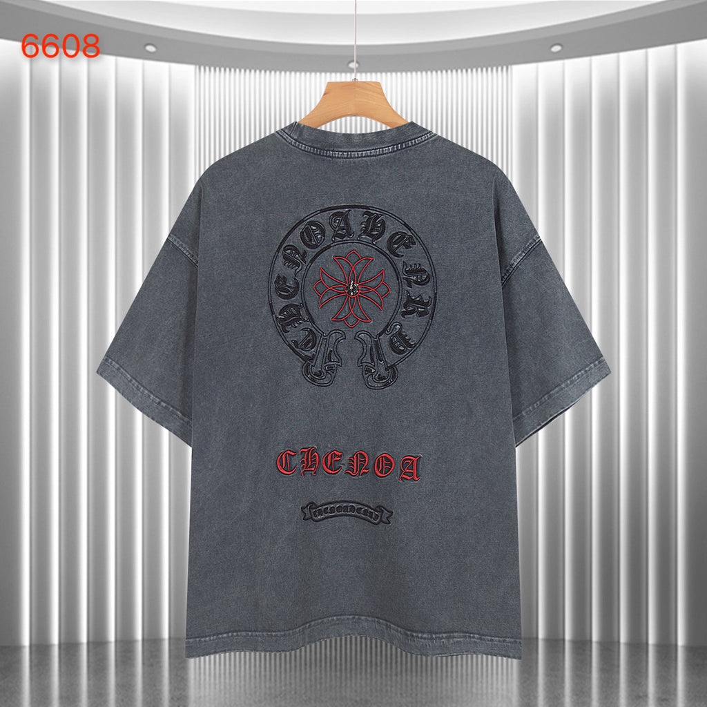 Charcoal short-sleeve T-shirt with large back skull-and-flower graphic print