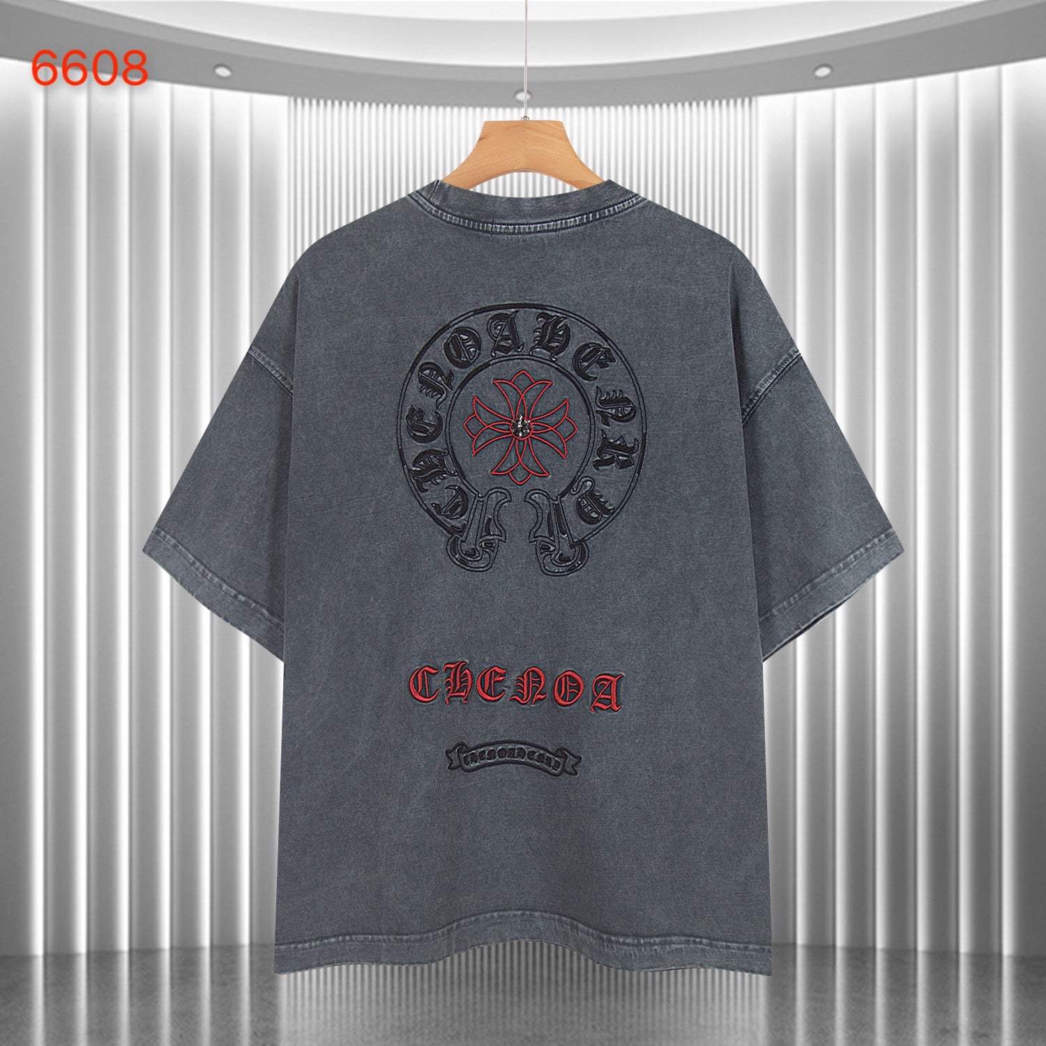 Charcoal short-sleeve T-shirt with large back skull-and-flower graphic print