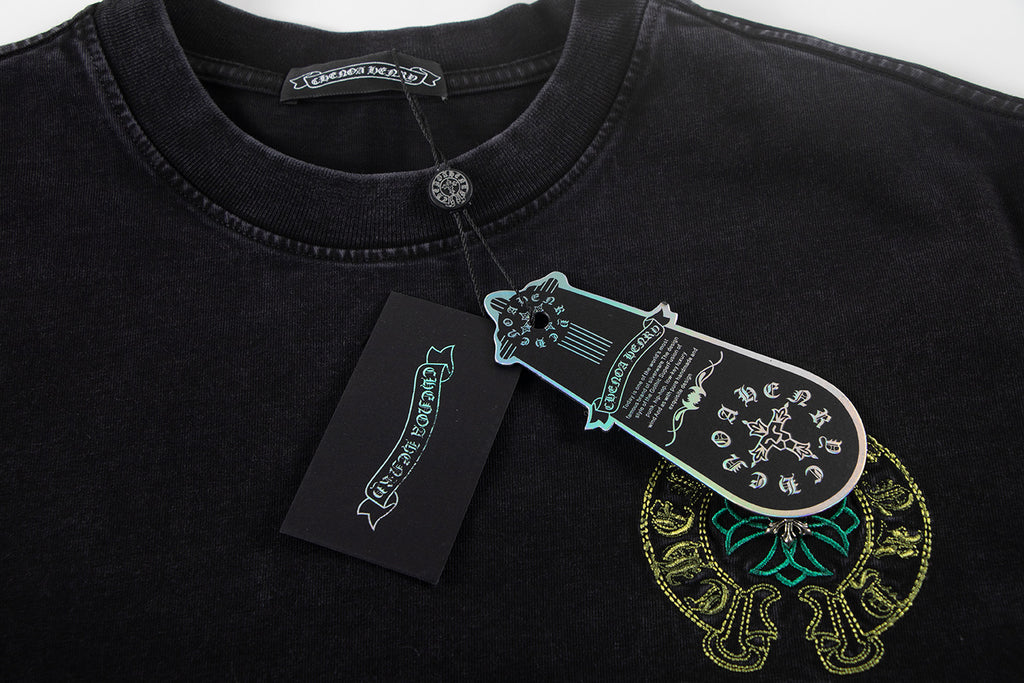 Black crewneck T-shirt with neck label and graphic logo print