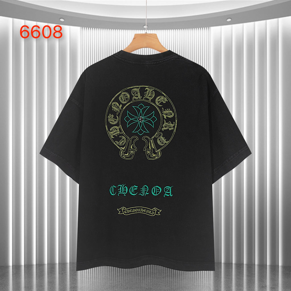 Black graphic T-shirt with large back skull emblem and teal and gold text