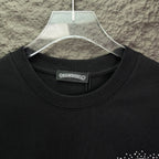 Black crew-neck T-shirt with ribbed collar and small logo label at neckline