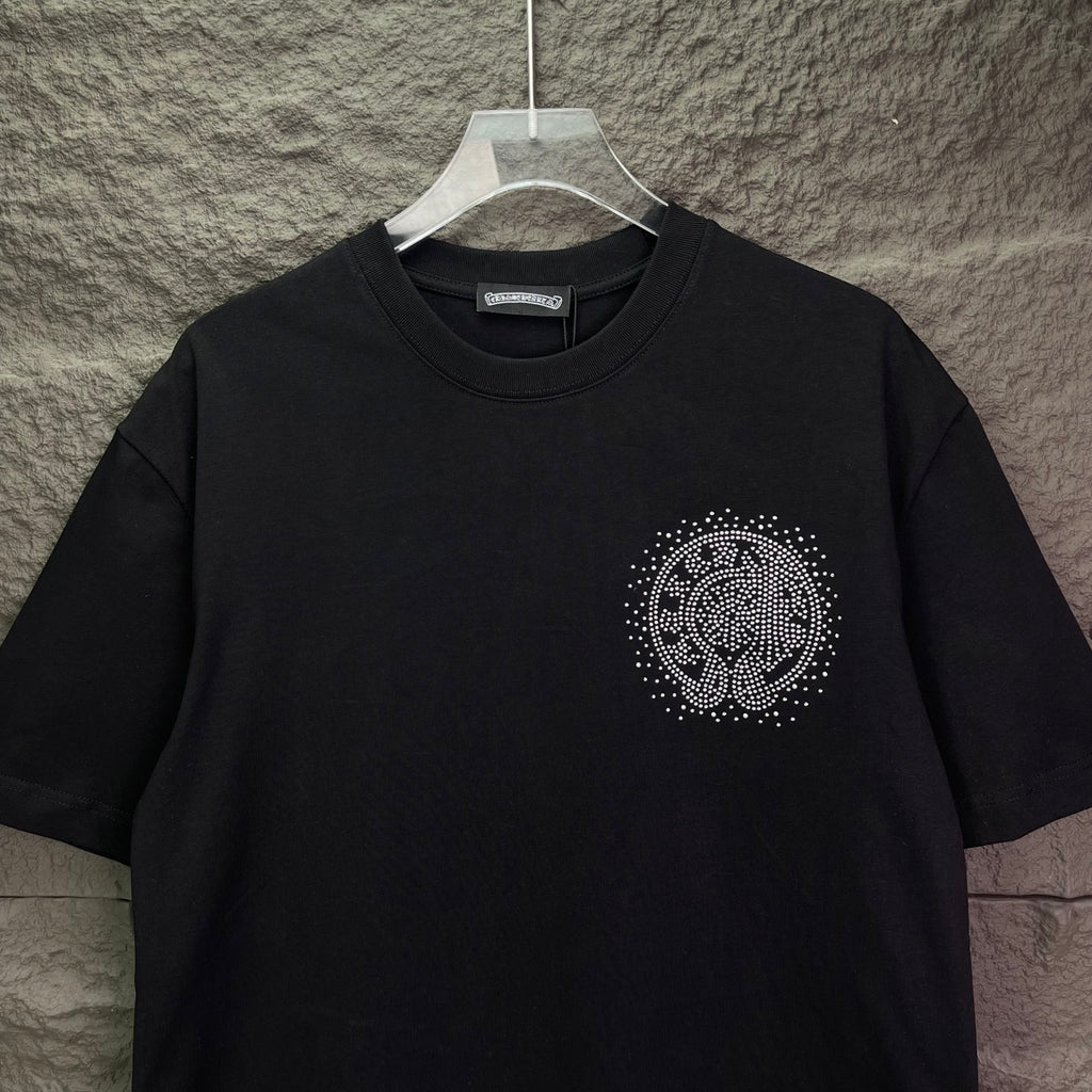 Black short-sleeve T-shirt with small rhinestone circular crest on left chest
