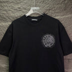 Black short-sleeve T-shirt with small rhinestone circular crest on left chest