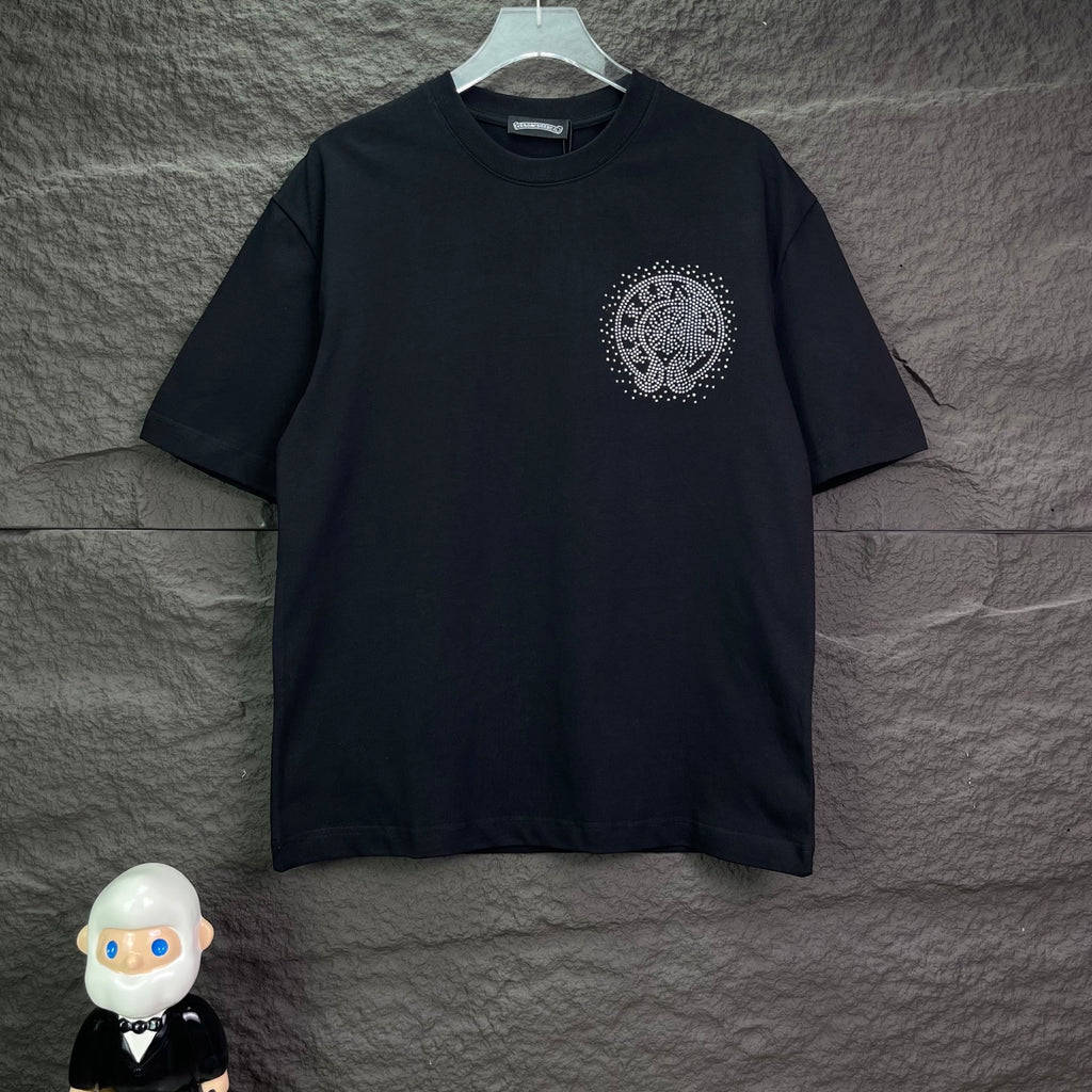 Black short-sleeve T-shirt with small circular rhinestone crest on chest