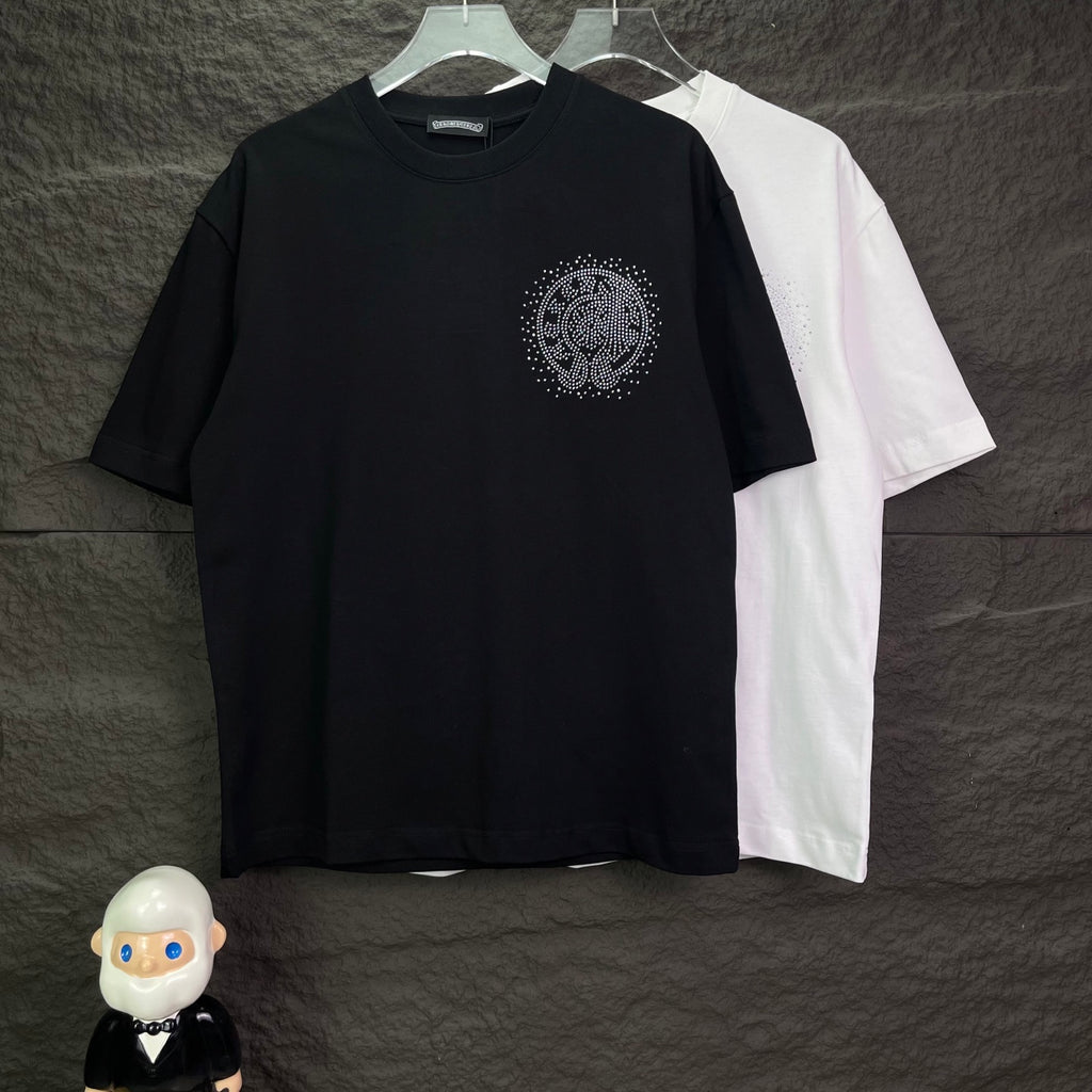 Black short-sleeve T-shirt with small rhinestone circular crest, plus white variant