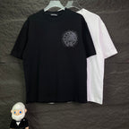 Black short-sleeve T-shirt with small rhinestone circular crest, plus white variant