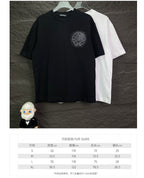 Black short-sleeve T-shirt with white variant and size guide chart