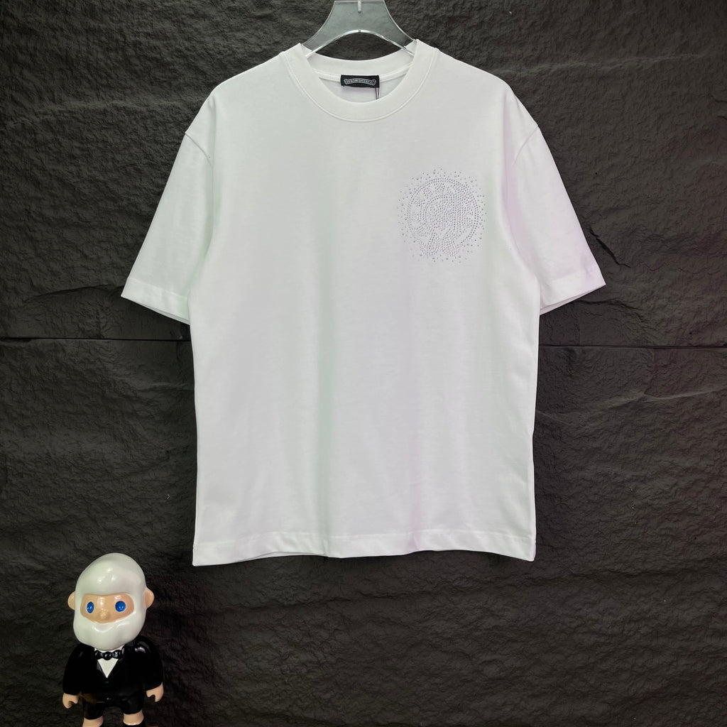 White short-sleeve T-shirt with small rhinestone logo on the chest