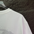 White short-sleeve T-shirt with rhinestone logo along the lower back