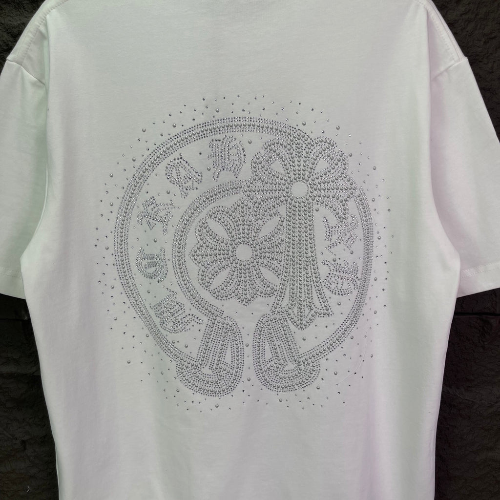 White short-sleeve T-shirt with large rhinestone emblem on the back