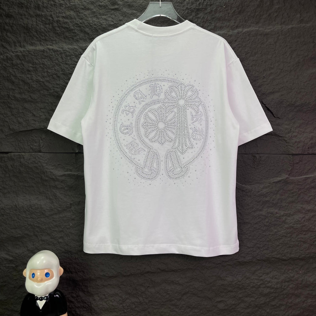 White short-sleeve T-shirt with large rhinestone emblem on the back