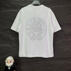 White short-sleeve T-shirt with large rhinestone emblem on the back