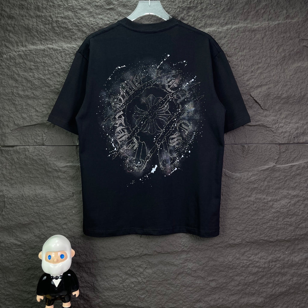 Black short-sleeve T-shirt with large rhinestone-style emblem graphic on back.