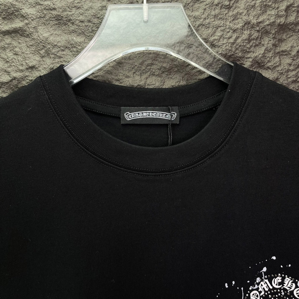 Black short-sleeve T-shirt with crew neck and embroidered logo label at collar.