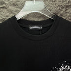 Black short-sleeve T-shirt with crew neck and embroidered logo label at collar.