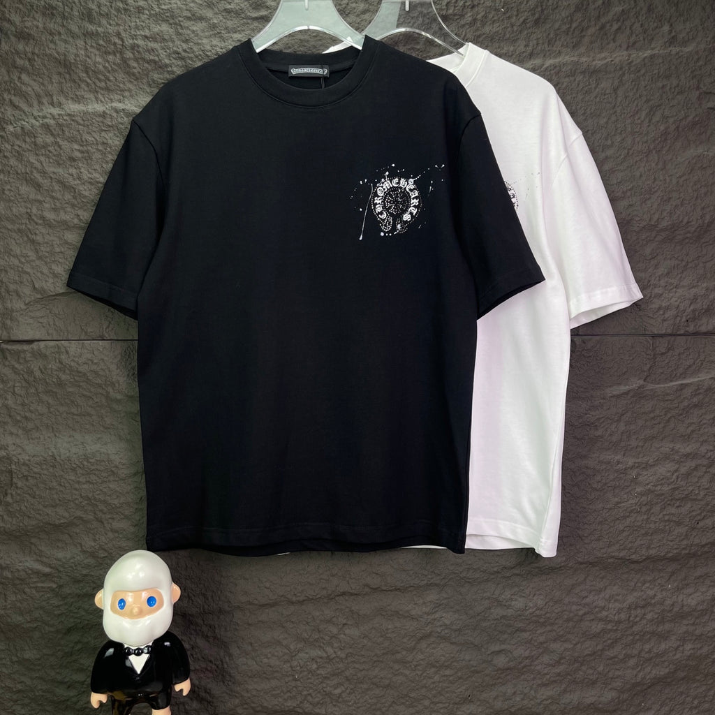 Black crew-neck T-shirt with small round rhinestone chest logo
