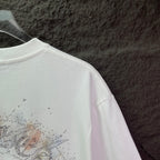 White T-shirt sleeve and back detail with rhinestone script graphic