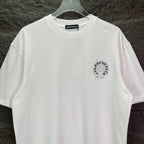 White crew-neck T-shirt with small round rhinestone chest logo