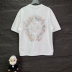 White crew-neck T-shirt with large jeweled crest graphic on back