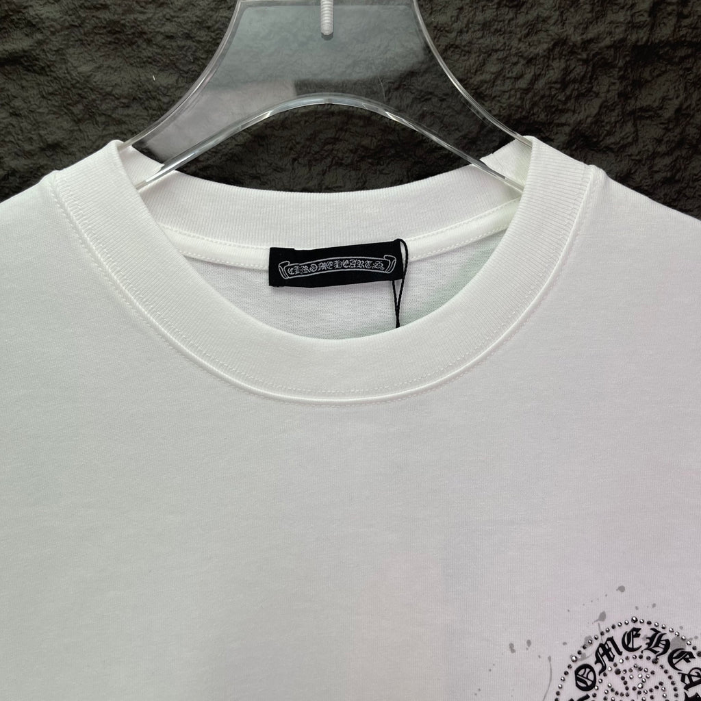 White crew-neck T-shirt with ribbed collar and inner neck label
