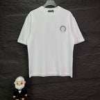 White crew-neck T-shirt with small round rhinestone chest logo