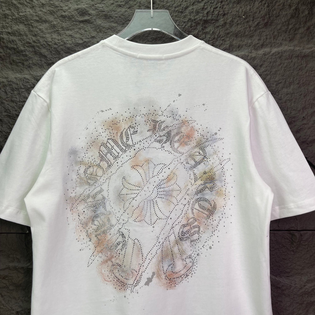 White crew-neck T-shirt with large rhinestone crest graphic on back