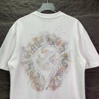 White crew-neck T-shirt with large rhinestone crest graphic on back