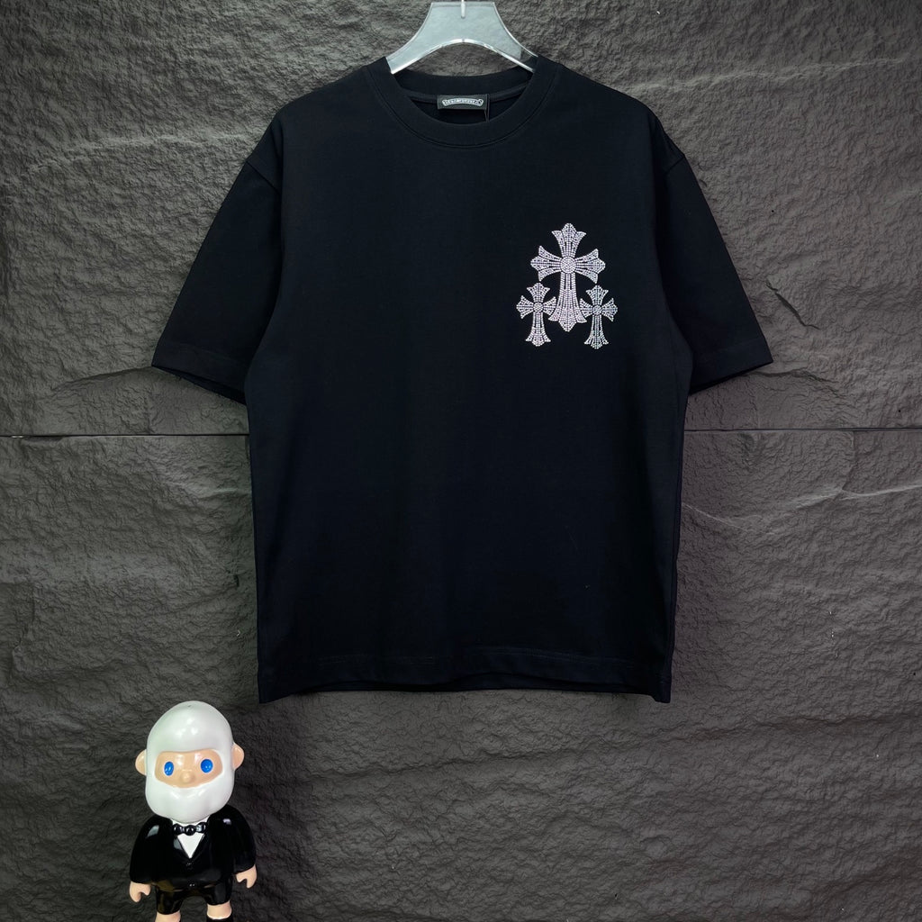 Black short-sleeve T-shirt with small rhinestone cross on left chest