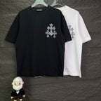 Pair of short-sleeve T-shirts, black and white, each with rhinestone cross