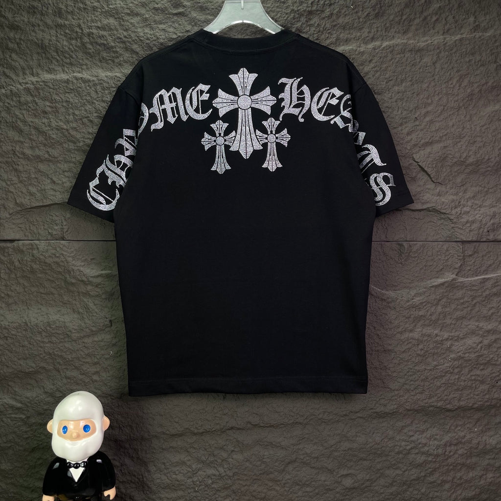 Black short-sleeve T-shirt with rhinestone cross motif across the back