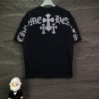 Black short-sleeve T-shirt with rhinestone cross motif across the back