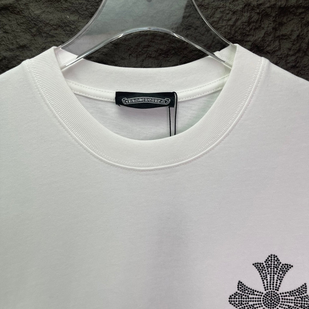 White crewneck T-shirt with ribbed collar and small cross logo