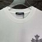 White crewneck T-shirt with ribbed collar and small cross logo