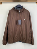 Brown long zip-up hooded jacket with logo triangle chest patch