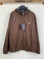 Brown long zip-up hooded jacket with logo triangle chest patch