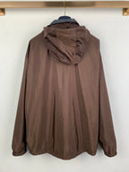 Brown long hooded windbreaker jacket, rear view with hood