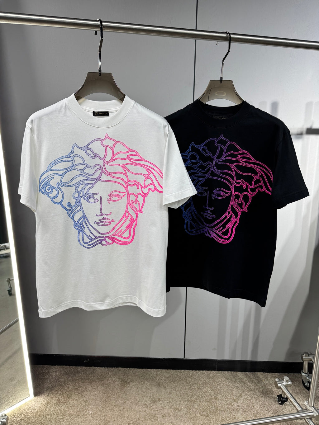 Versace T-shirt set: white and black crewneck tops with neon outline Medusa graphics