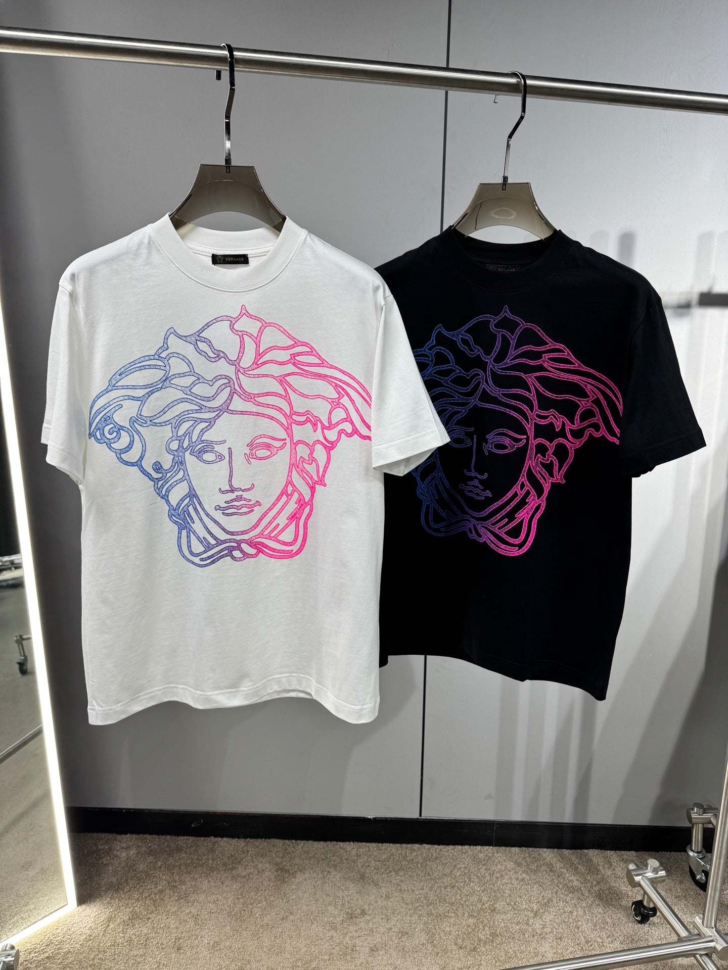 Versace T-shirt set: white and black crewneck tops with neon outline Medusa graphics