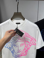 White Versace crewneck T-shirt with neon blue and pink Medusa graphic and tag