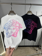 White and black Versace crewneck T-shirts with neon Medusa line-art front graphics