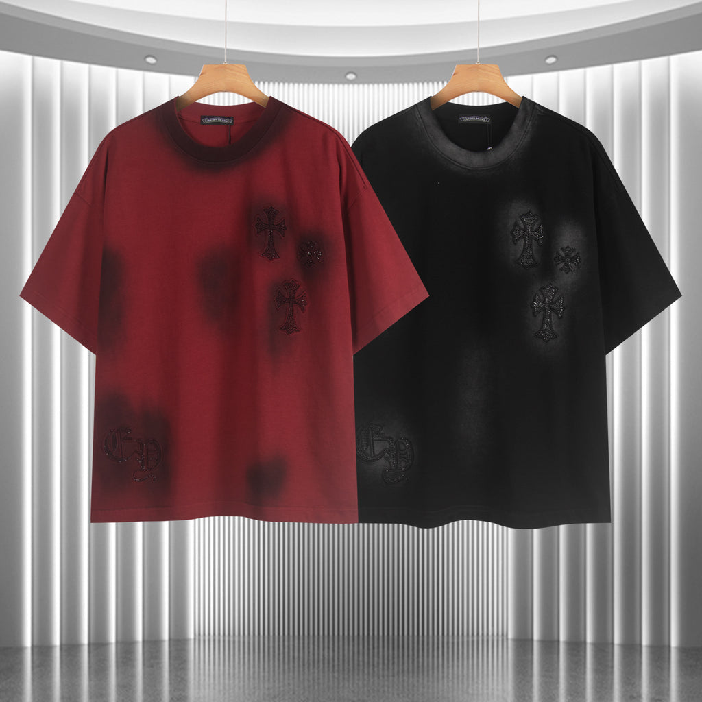 Red and black short-sleeve T-shirts with embroidered cross and star accents