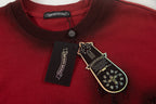 Burgundy crew-neck T-shirt with attached care tags
