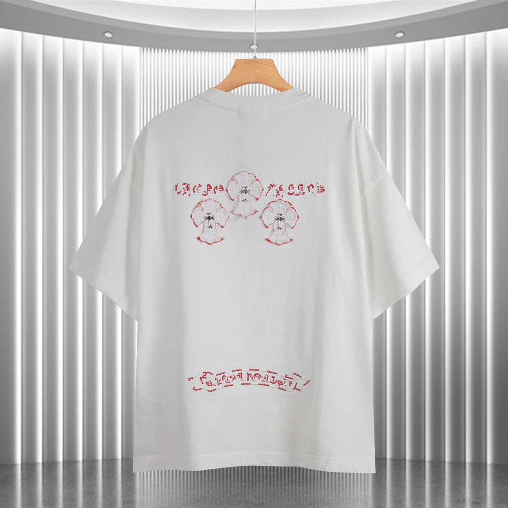 White short-sleeve T-shirt back with red text-like print and three small motif figures