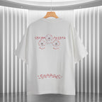 White short-sleeve T-shirt back with red text-like print and three small motif figures