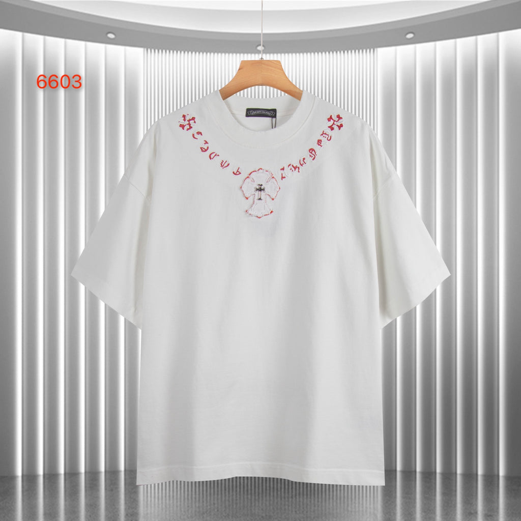 White short-sleeve T-shirt with red embroidered-style heart and cross motif at chest