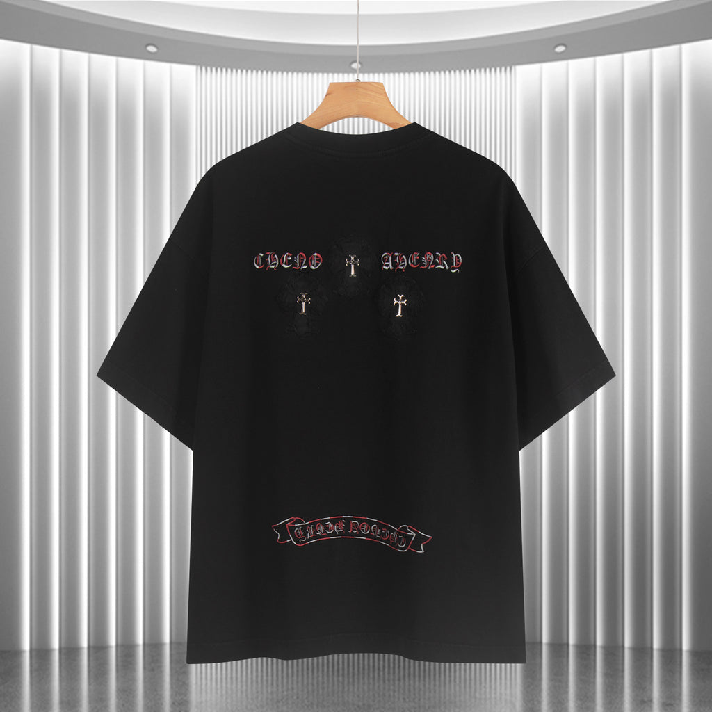 Black short-sleeve T-shirt back with red/white cross and emblem designs