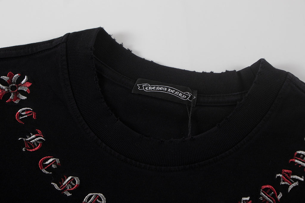 Black short-sleeve T-shirt neckline with red swirl and cross embroidery