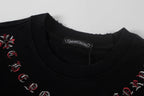 Black short-sleeve T-shirt neckline with red swirl and cross embroidery