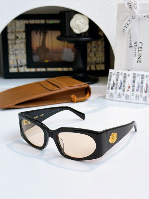 Black sunglasses with dark lenses, gold-tone side emblems, and thick frame.